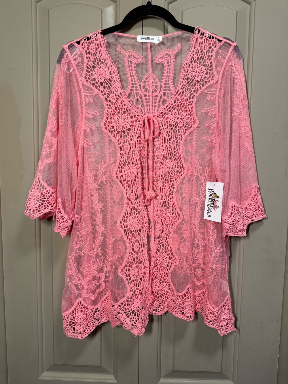 Coral Pink Crochet Lace Tie-Front Cover-Up